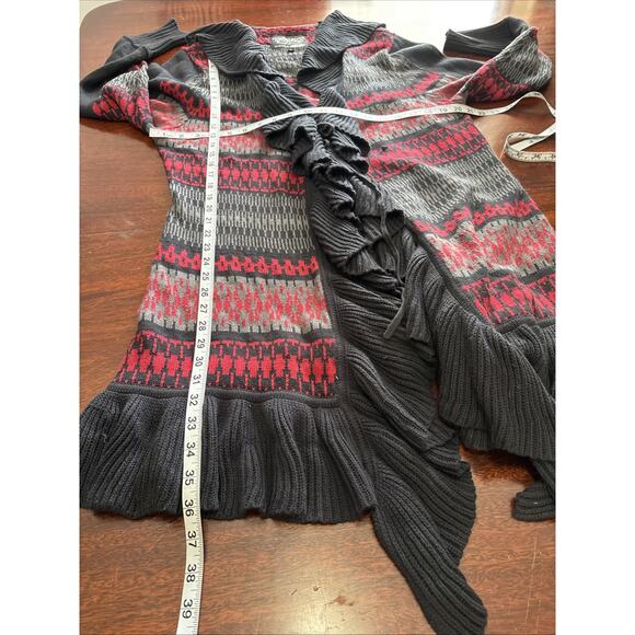 Powder River Outfitters Womens Long Cardigan Duster Sweater XL Fair Isle Ruffle - Picture 3 of 9